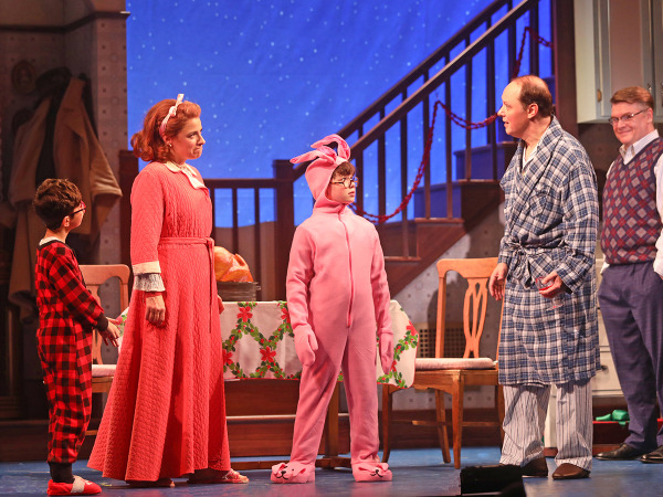 Camilo Velasquez Escamilla, Jenn Gambatese, Christopher Riley, Jim Stanek and John Scherer in Goodspeed's A Christmas Story. Photo by Diane Sobolewski.